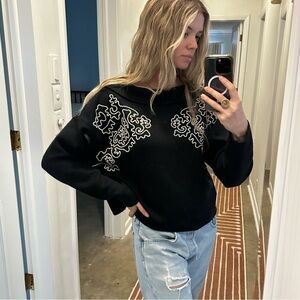 Vintage Wool Blend Cropped Sweater with White Embroidery